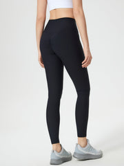 Black ribbed high-waist leggings with ruched detail on the back