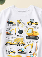 White cotton crew neck t-shirt with a playful construction vehicle print for kids.
