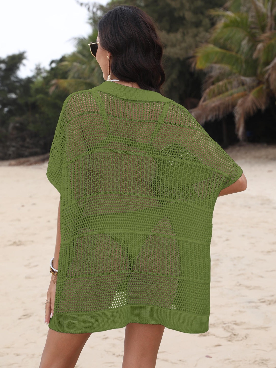 Moss green open-knit polo beach dress with short sleeves and a relaxed fit.