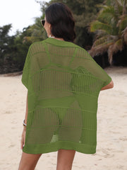 Moss green open-knit polo beach dress with short sleeves and a relaxed fit.