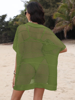 Moss green open-knit polo beach dress with short sleeves and a relaxed fit.