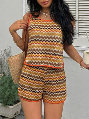 Zigzag knit two-piece set with tank top and shorts in brown, orange, yellow, and white.