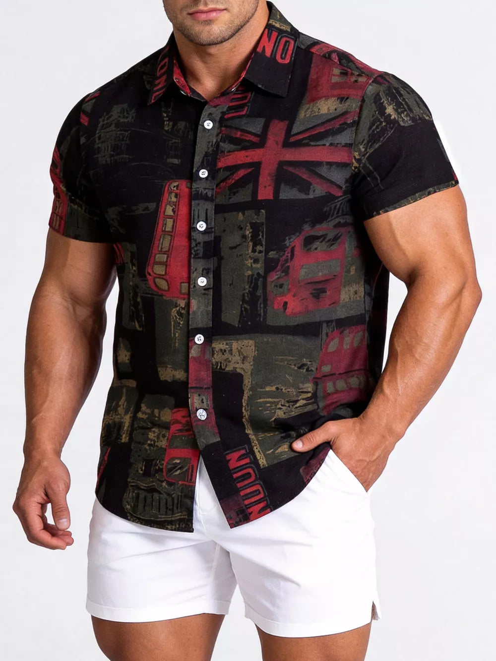 Button-down Graphic Short-sleeve Top in Camel, front view