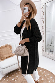 Black openwork button-down maxi cardigan with a relaxed fit and diamond pattern.