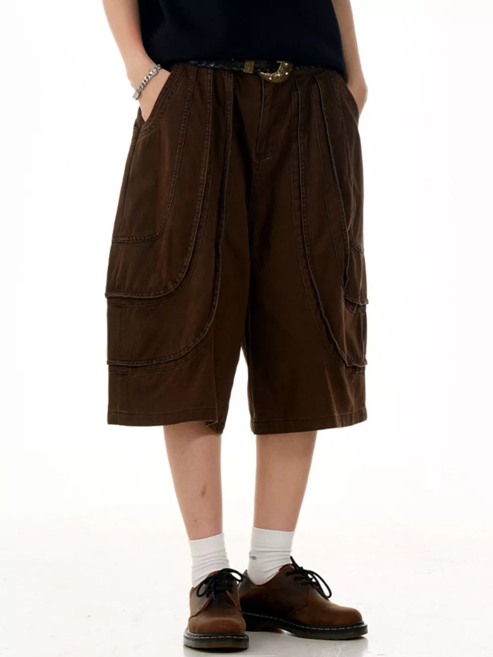 Men's Loose Fit Wide Leg Cargo Capris in Khaki, back view