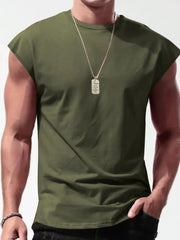 Muscle-fit sleeveless tee in army green with wide shoulders, crew neck, and a dog tag necklace.