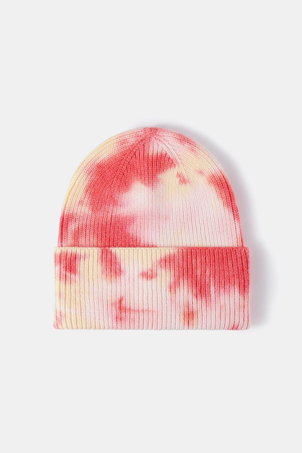 Ribbed knit beanie with pink and yellow tie-dye pattern