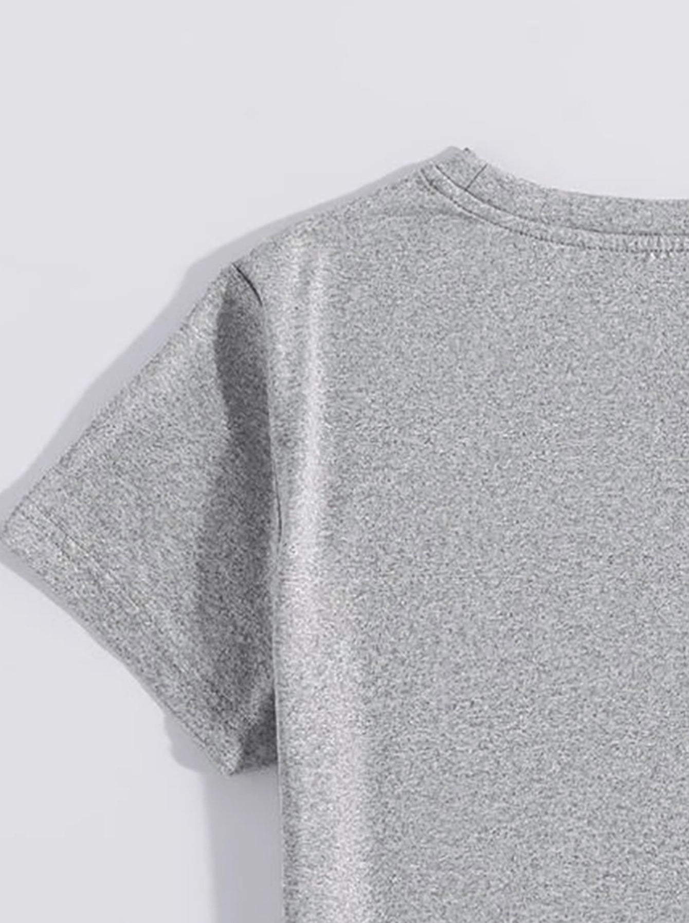 Gray crewneck t-shirt with short sleeves and a heathered texture.