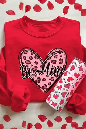 Red sweatshirt with a leopard print heart graphic that says "Be Mine".