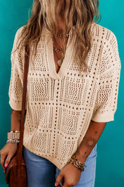 Open-knit tan Johnny collar pullover sweater with short sleeves and a V-neck.