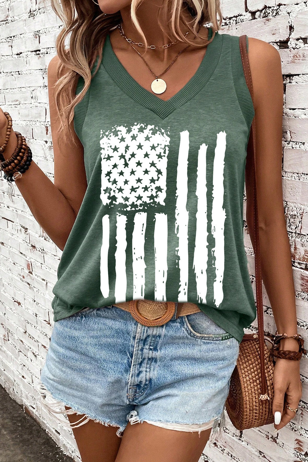 Distressed flag graphic v-neck tank top in Black Forest green.