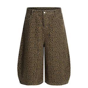 Men's brown leopard print wide-leg capris with a relaxed fit.