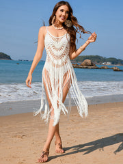White crochet fringe swim cover-up with spaghetti straps and a midi length.