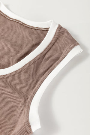 Mocha ribbed knit tank top with white contrast trim and scoop neckline.