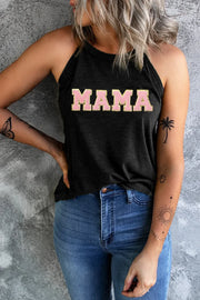 Black halter tank top with pink and gold "MAMA" graphic