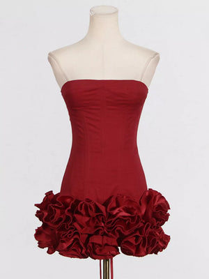 Ruffled Hem Tube Mini Dress in Red, close-up detail