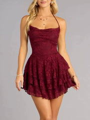 Burgundy lace halter neck mini dress with tiered ruffle skirt