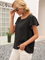Black textured blouse with flutter sleeves and round neckline