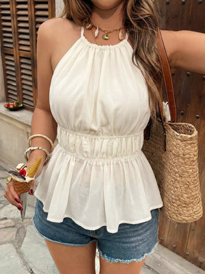 White gathered neckline peplum cami top with defined waist