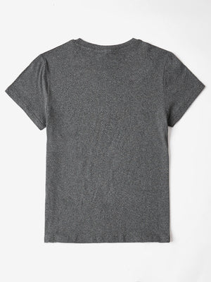 Dark gray crew neck t-shirt with a subtle textured graphic pattern.