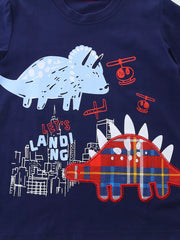 Navy cotton tee with dinosaur graphics and city skyline.