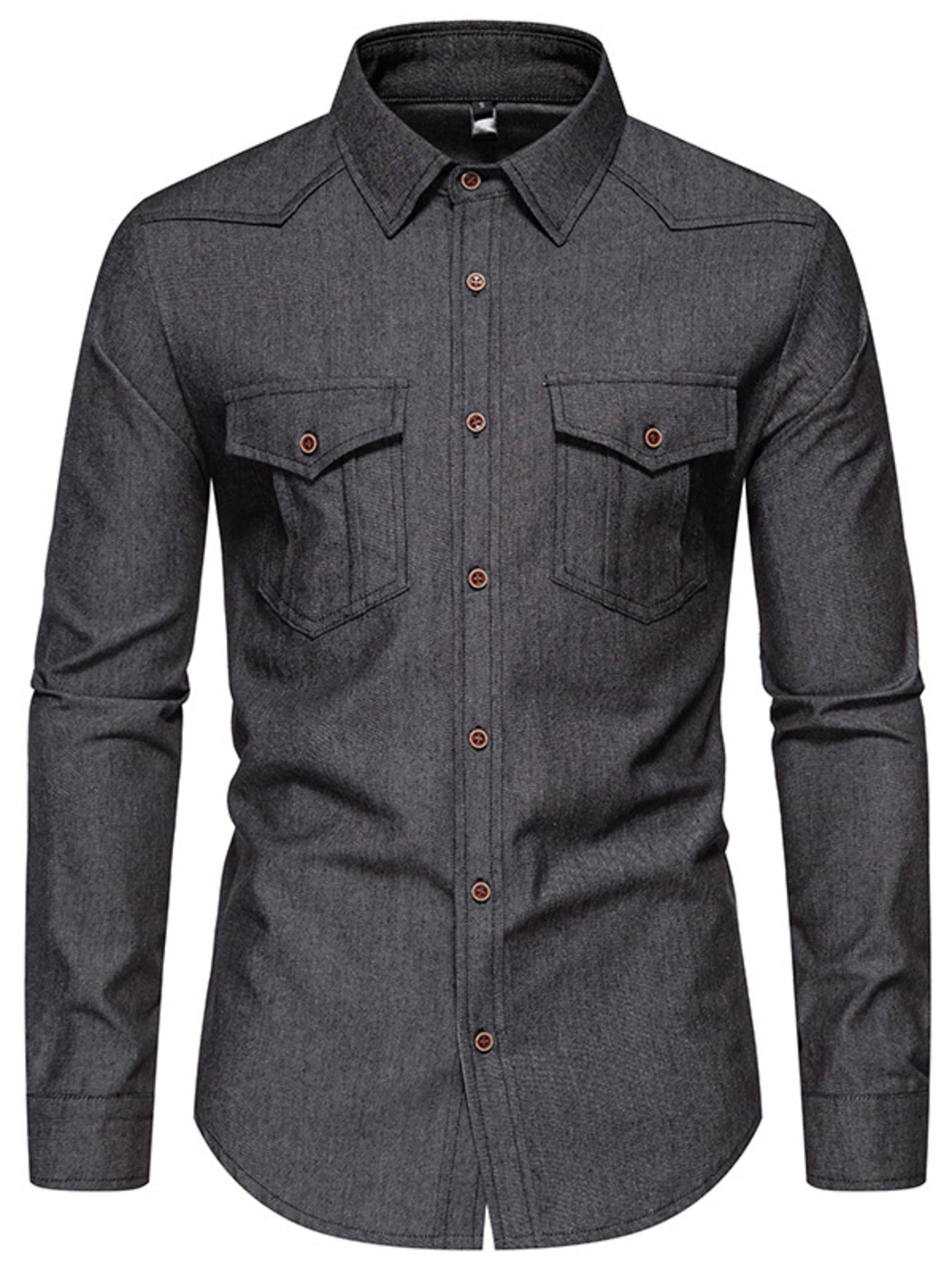 Men's dark gray cotton button-down shirt with two chest pockets.