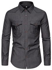 Men's dark gray cotton button-down shirt with two chest pockets.