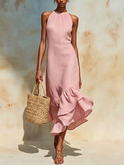 Full Size Ruffle Hem Sleeveless Midi Dress in Yellow, fabric detail
