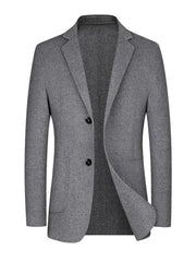 Grey wool classic fit men's blazer with two buttons and notch lapels.