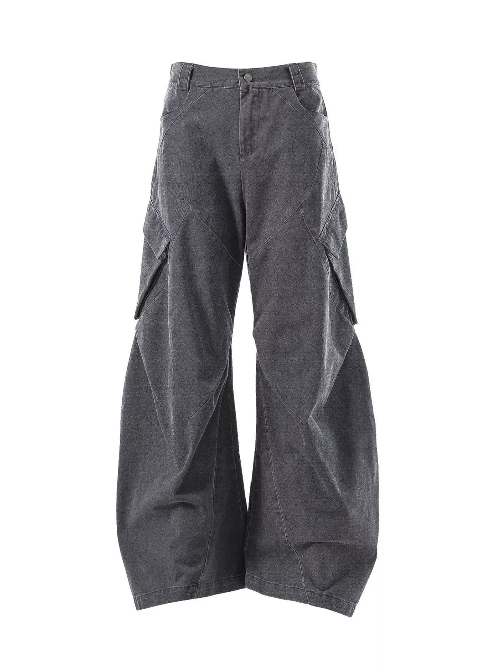 Textured paneled cargo pants in dark gray with a baggy fit and large side pockets.