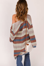Multicolor open knit duster cardigan with horizontal stripes and a relaxed fit.
