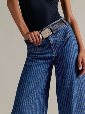 Dark blue striped high-waisted cropped jeans with a wide leg.