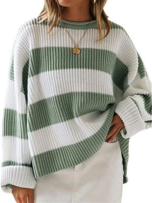 Striped oversized knit sweater in Sage and white with crew neck and long sleeves.
