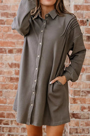 Casual Button-down Dress With Pockets in Dark Gray, back view