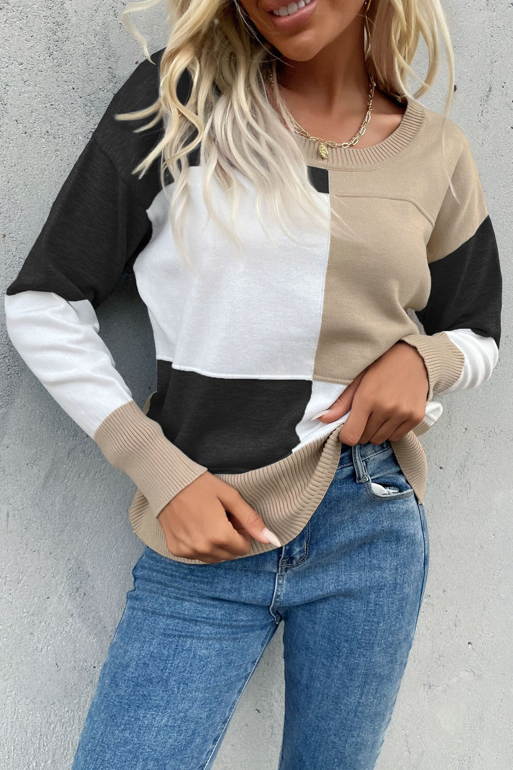 Geometric panel knit sweater in black, white, and tan with crew neck and long sleeves.