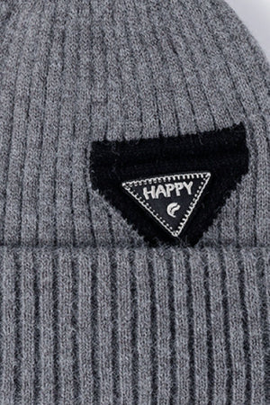 Steel ribbed acrylic beanie with black patch and "HAPPY" detail