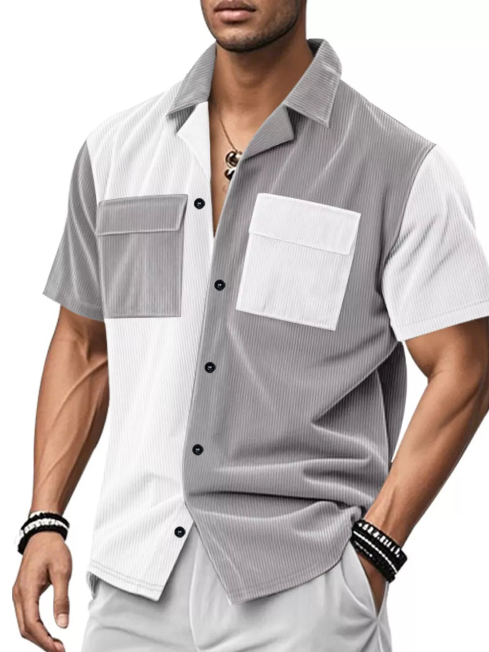 Two-tone textured short sleeve button-down shirt in white and light gray with two chest pockets.