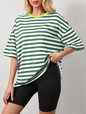 Oversized green and white striped tee with dropped sleeves and neon neckline.
