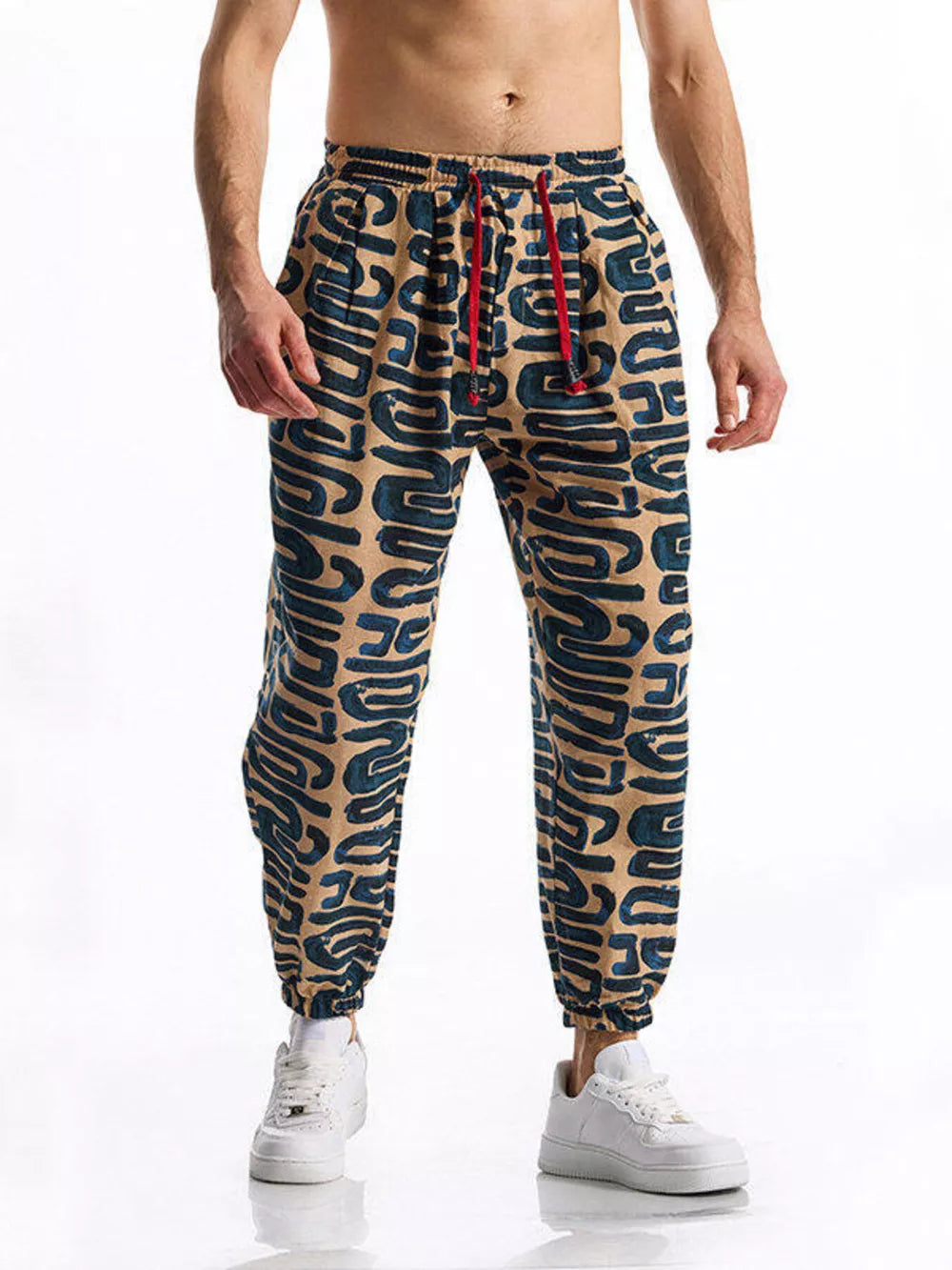 Men's Full Size Printed Drawstring Casual Pants in Chocolate, fit detail