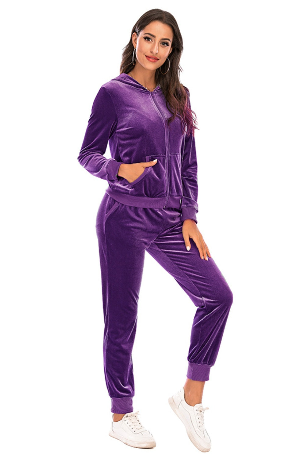 Purple velvet loungewear set with zip-up hoodie and cuffed joggers.