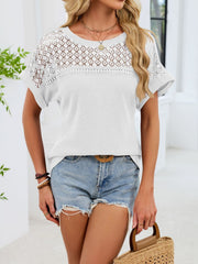 White waffle knit t-shirt with eyelet detail on yoke and sleeves.