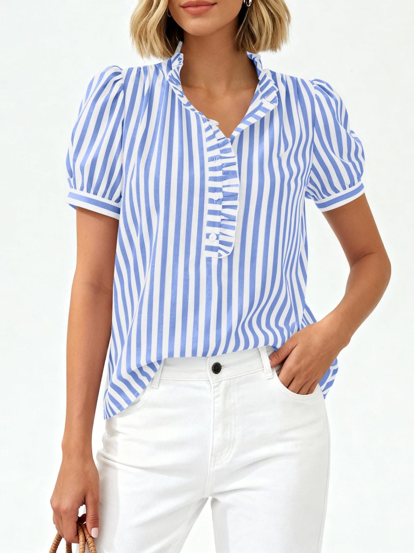 Ruffled puff sleeve blouse with blue and white stripes, button-down front, and ruffled neckline.