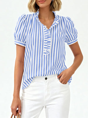 Ruffled puff sleeve blouse with blue and white stripes, button-down front, and ruffled neckline.