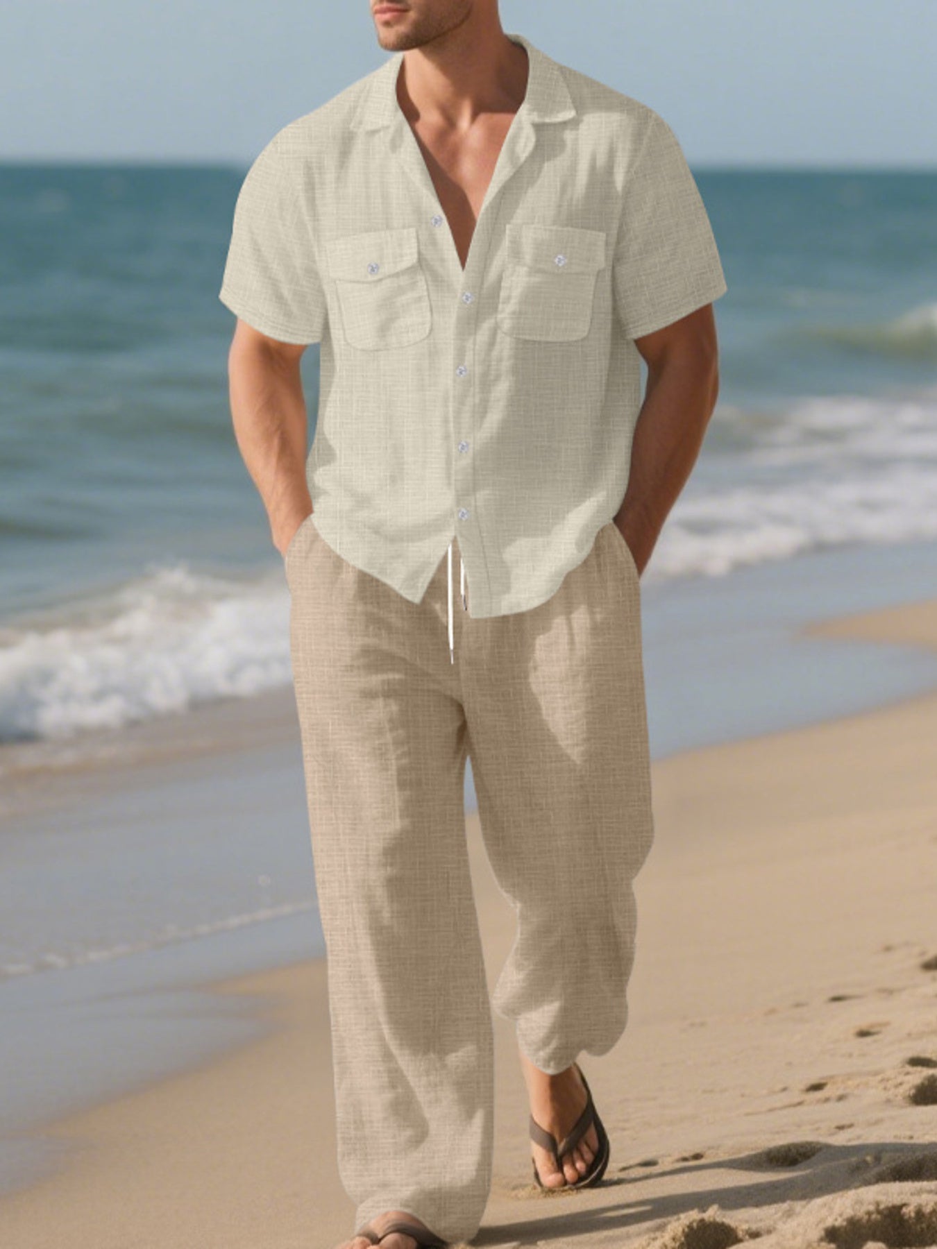 Men's Casual Button-up Shirt And Pants Set Plus Size, side view