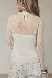 Lace Mesh Long Sleeve Top in White, side view