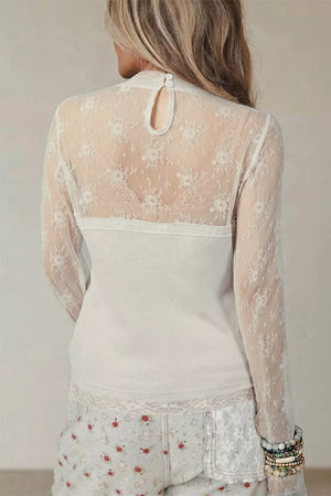 Lace Mesh Long Sleeve Top in White, side view