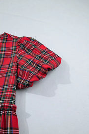 Plaid Knot Neck Short Sleeve Mini Dress in Burgundy, alternate angle