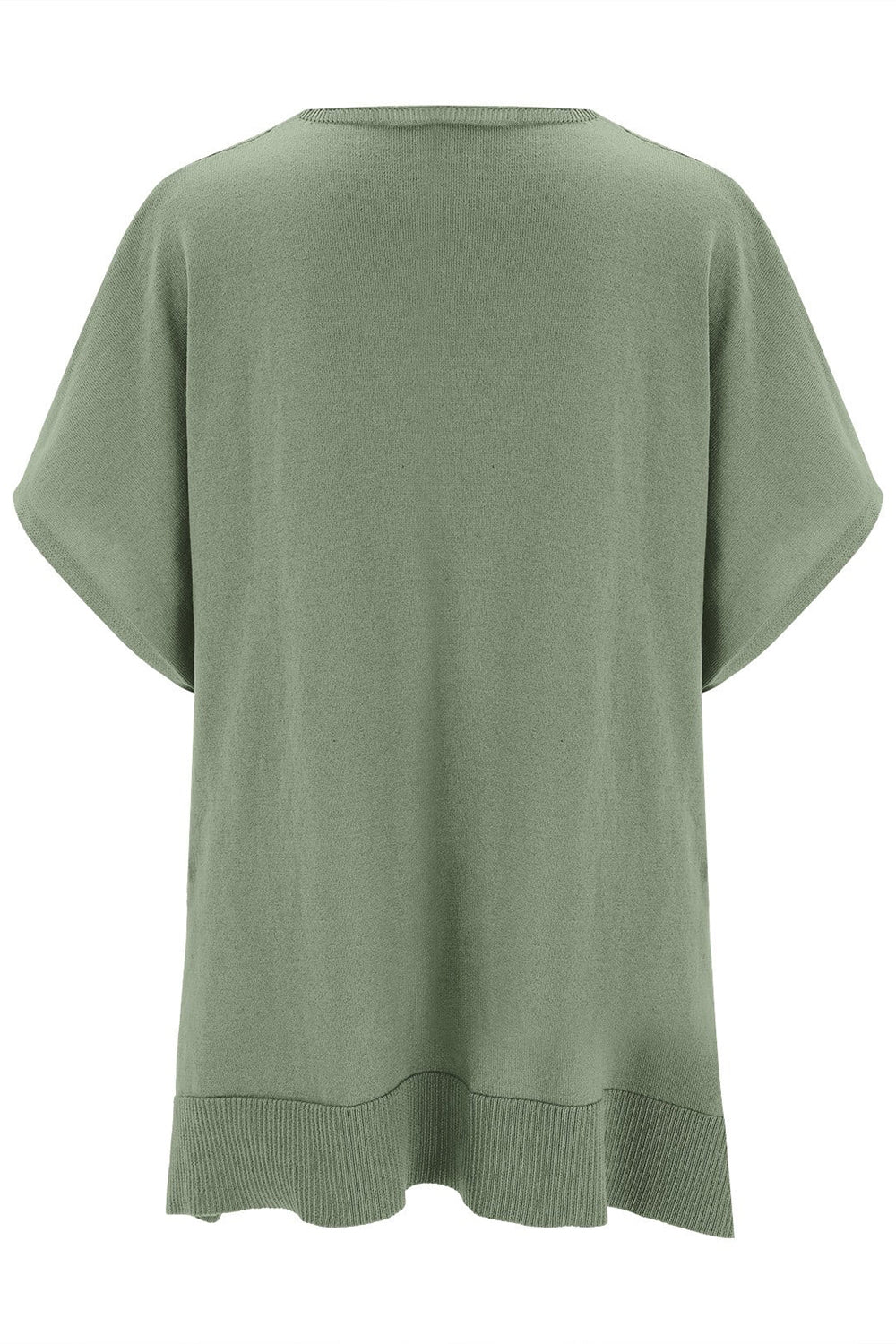 Sage green relaxed V-neck knit poncho top with short sleeves and ribbed hem.