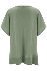 Sage green relaxed V-neck knit poncho top with short sleeves and ribbed hem.