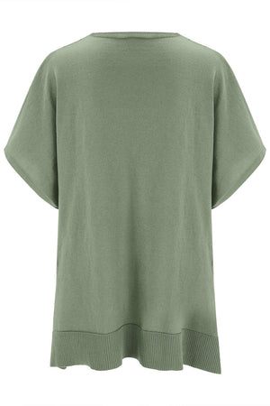 Sage green relaxed V-neck knit poncho top with short sleeves and ribbed hem.